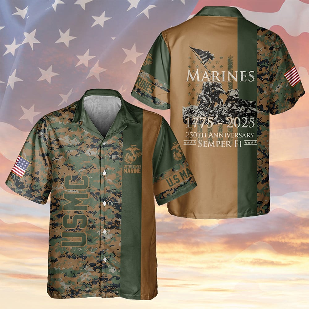 250th Anniversary United States Marine Camo Hawaiian Shirt Veteran Military USMC Shirt