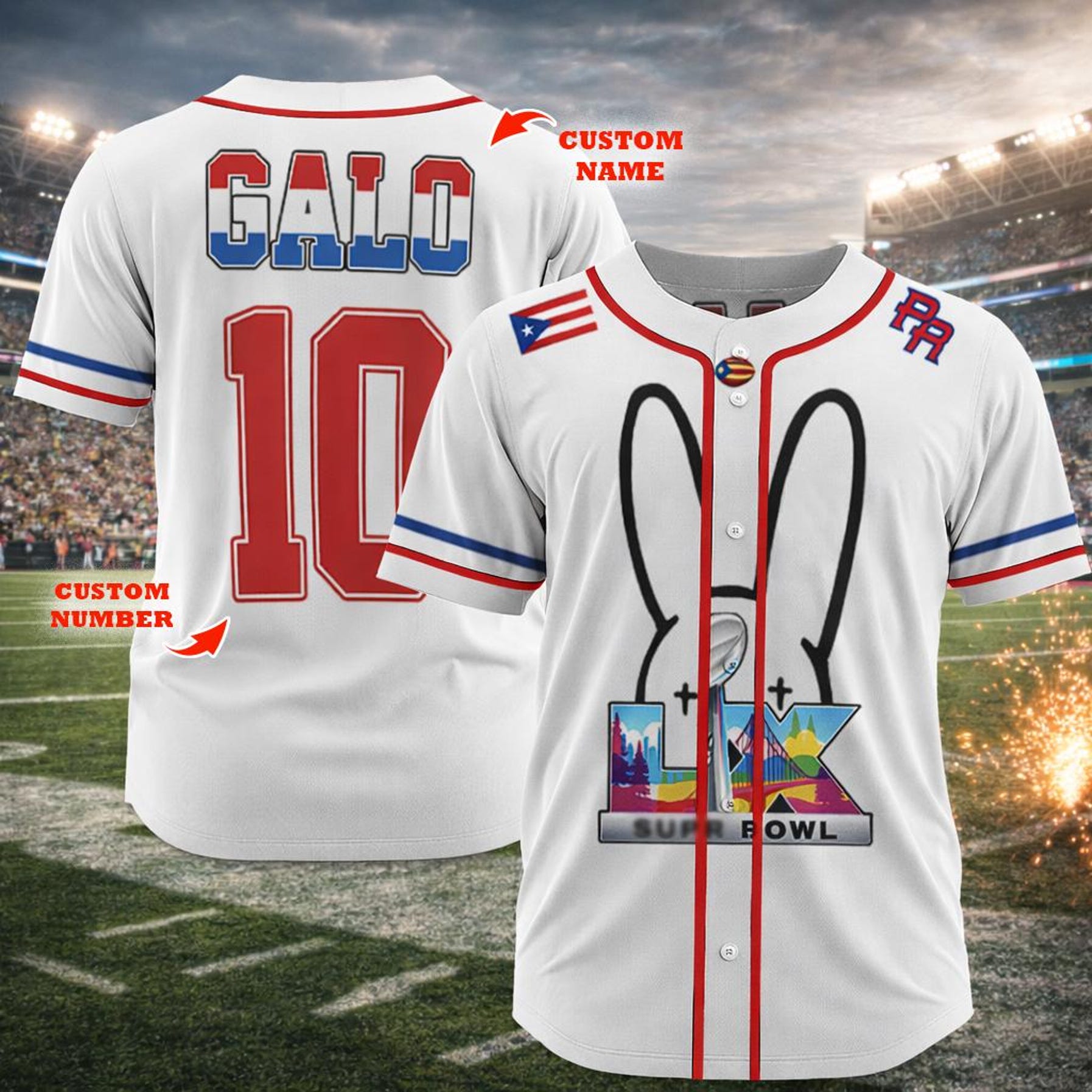 94 Sports Baseball Jersey, Fun Bunny Graphic Tee, Puerto Rico Style Fan Shirt