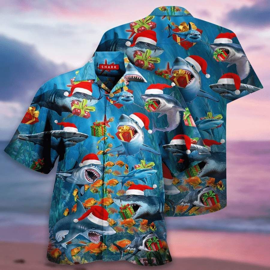 A Great White Christmas Shark Hawaiian Shirt Tropical Aloha Button Up