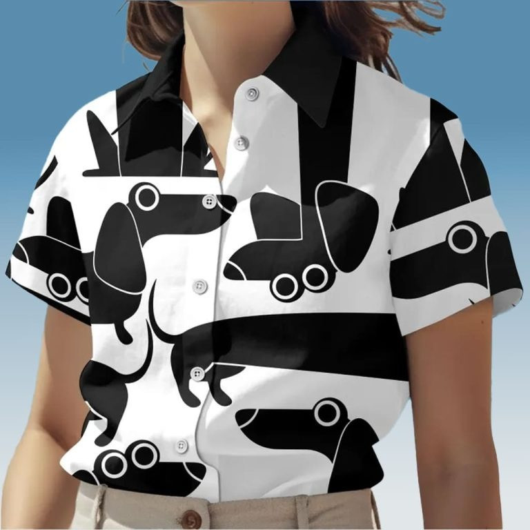 Abstract Dachshund Dog Button Up Shirt Women's Black White Sausage Dog Hawaiian Shirt For Sale