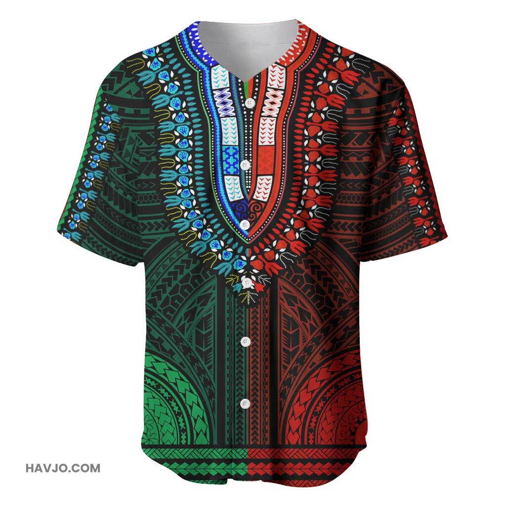 African Dashiki and Polynesian Pattern Half Green Red Baseball Jersey