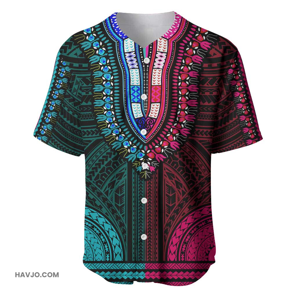 African Dashiki and Polynesian Pattern Half Teal Pink Baseball Jersey