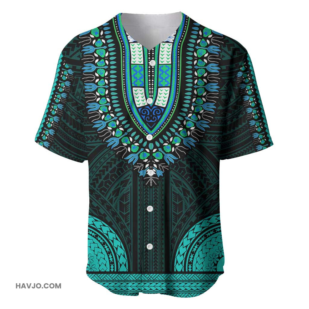 African Dashiki and Polynesian Pattern Teal Baseball Jersey