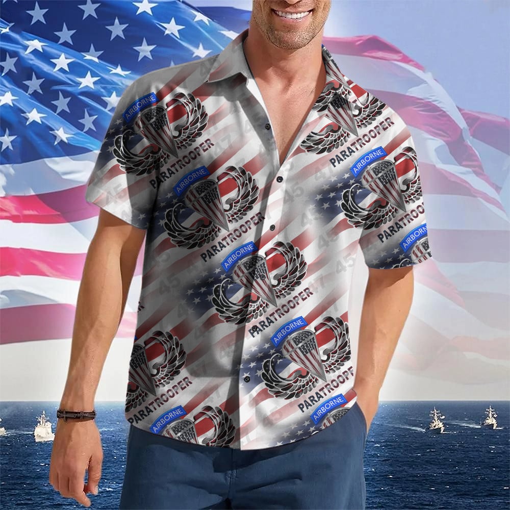 Airborne Paratrooper For Trump 2024 Hawaiian Shirt Donald Trump 47 Button Up Shirt For Mens