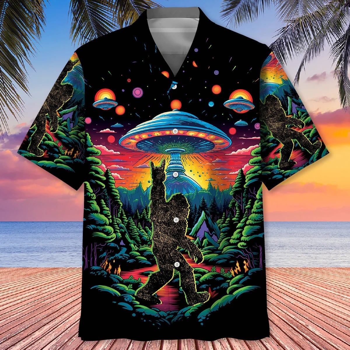 Alien Bigfoot Hawaiian Shirt UFO Sasquatch Aloha Shirt Gifts For Bigfoot Lovers