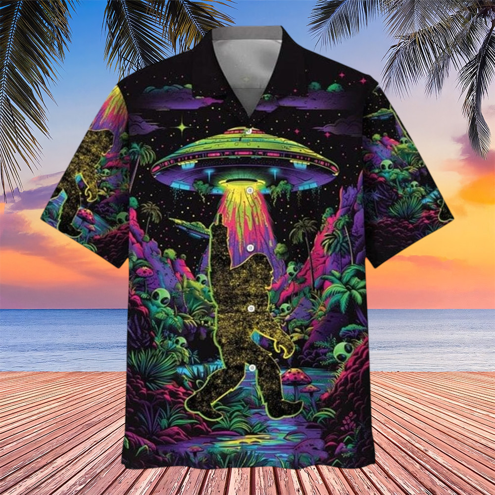 Alien Bigfoot Night Hawaiian Shirt Cosmic Themed Shirt Gifts For Sasquatch Lovers