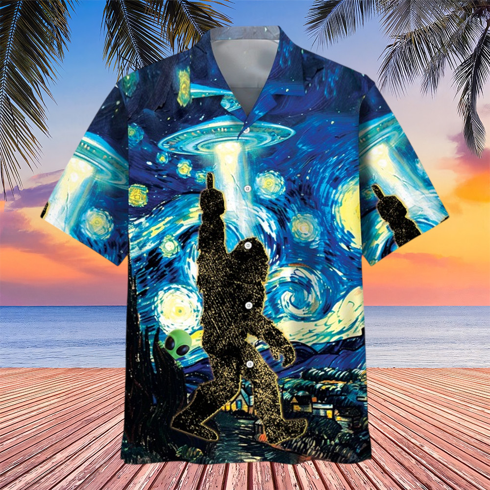 Alien Stalk Bigfoot In A Starry Night Hawaiian Shirt Van Gogh Style Shirt Bigfoot Gifts For Men