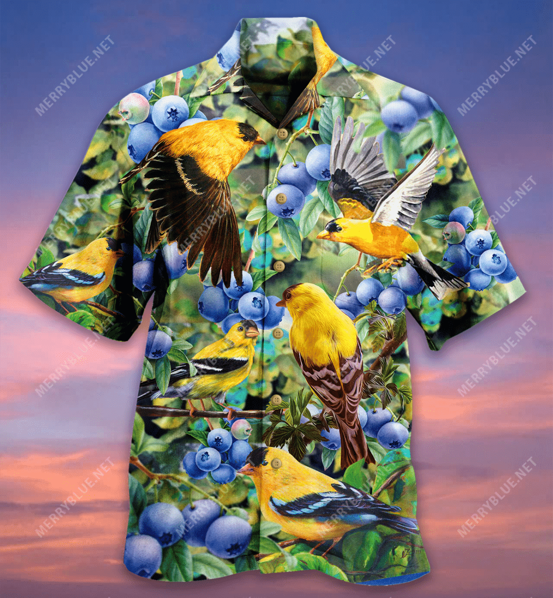 All About Blueberry And Goldfinch Hawaiian Shirt Tropical Aloha Button Up
