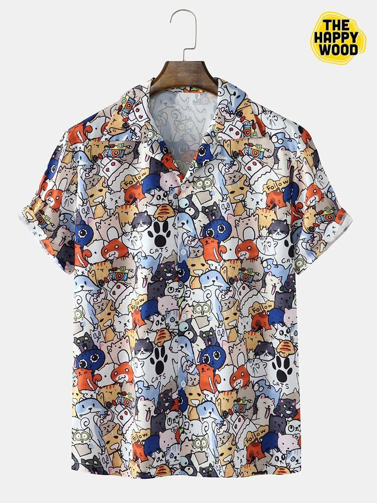 Allover Funny Cartoon Print Hawaiian Shirt Tropical Aloha Button Up