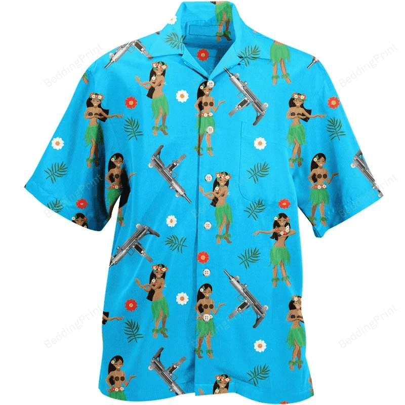 Aloha Hula Girl Uzi Gun Hawaiian Shirt Tropical Aloha Button Up
