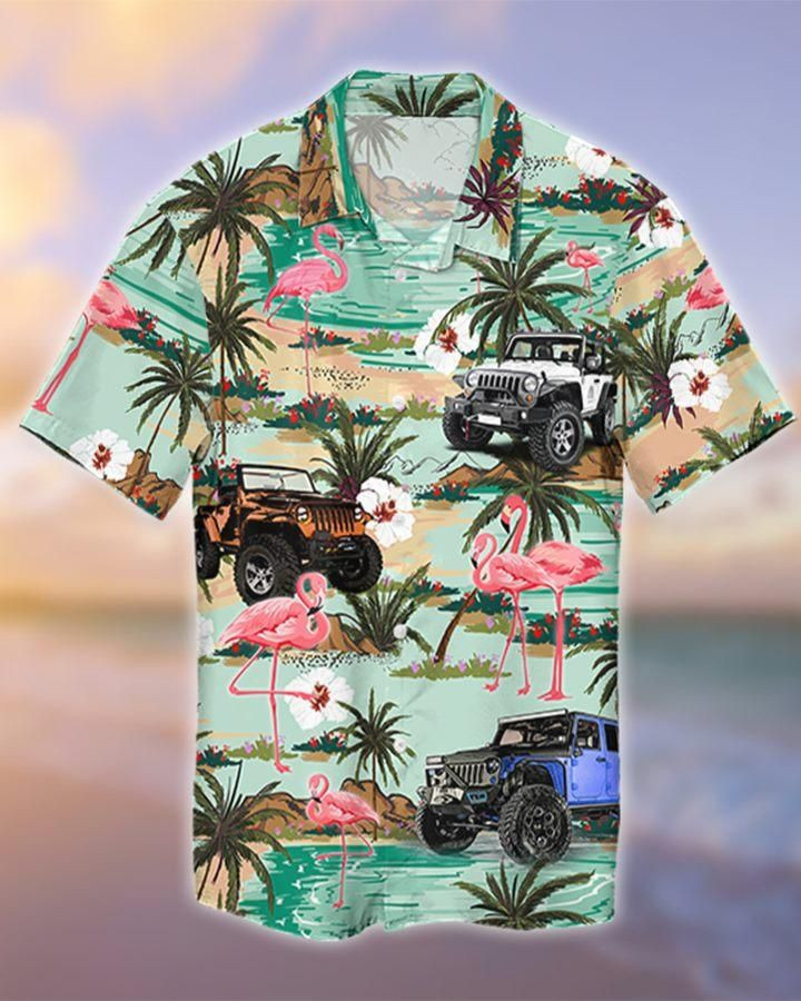 Aloha Jeep And Flamingo Tropical Unisex Hawaiian Shirt Tropical Aloha Button Up