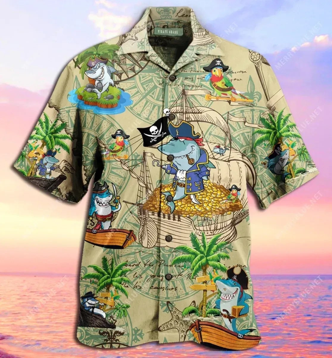 Amazing Pirate Shark Unisex Hawaiian Shirt Tropical Aloha Button Up