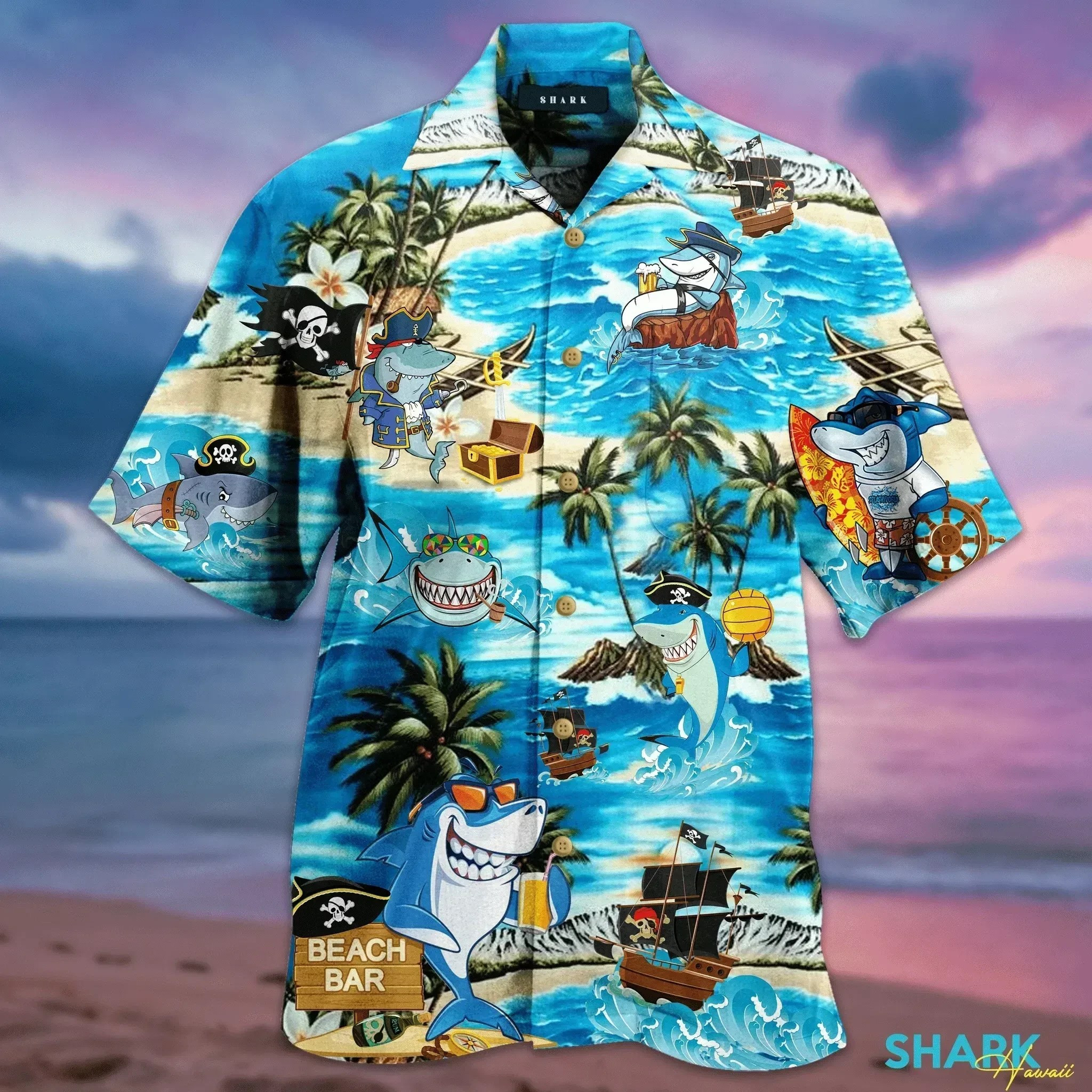 Amazing Pirate Shark Unisex Hawaiian Shirt Tropical Aloha Button Up