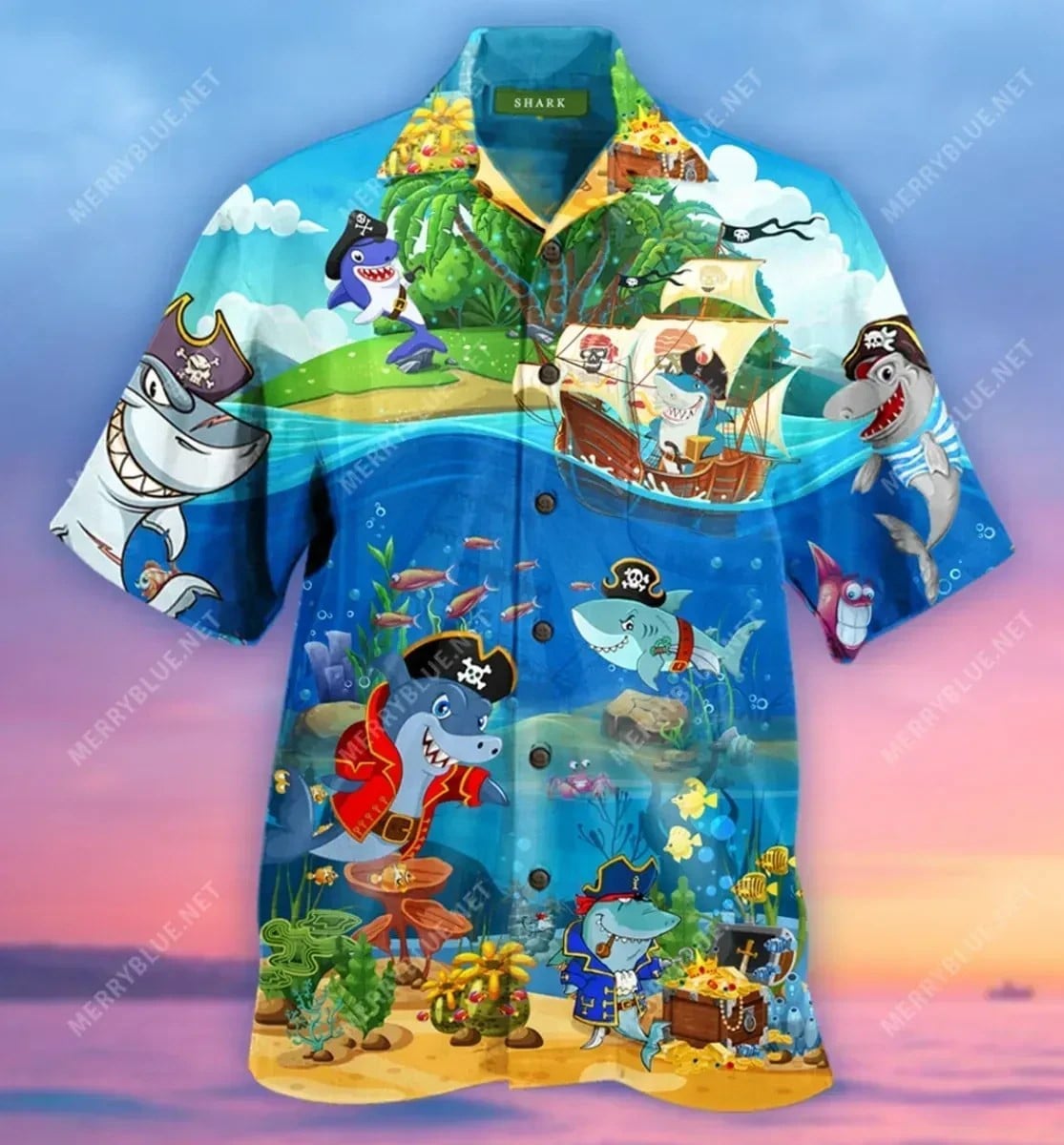Amazing Pirate Sharks Unisex Hawaiian Shirt Tropical Aloha Button Up