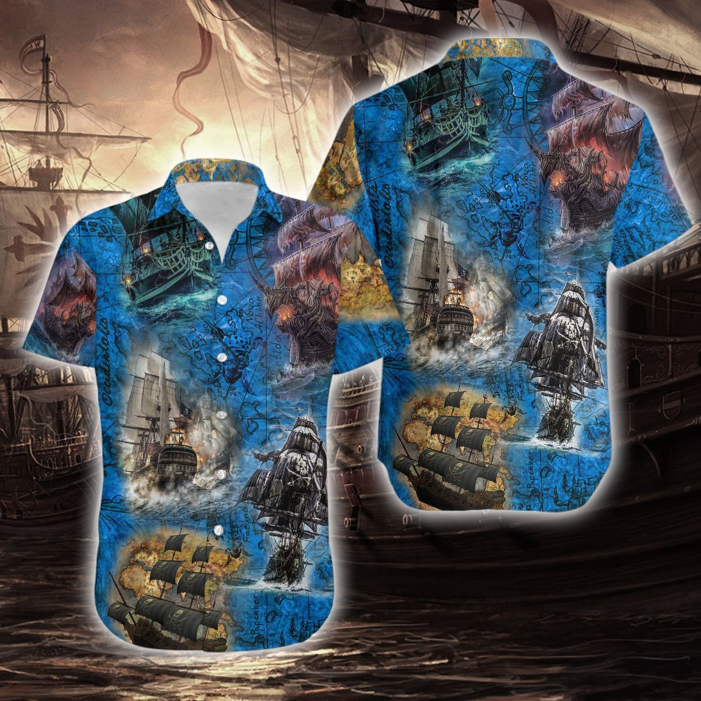 Amazing Pirate Ship Hawaiian Shirt Tropical Aloha Button Up