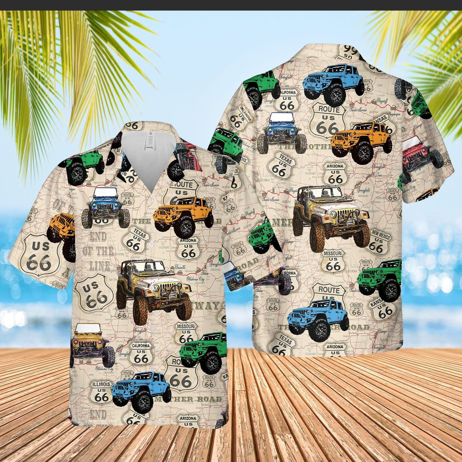 Amazing Rout 66 Jeep Unisex Hawaiian Shirt Tropical Aloha Button Up