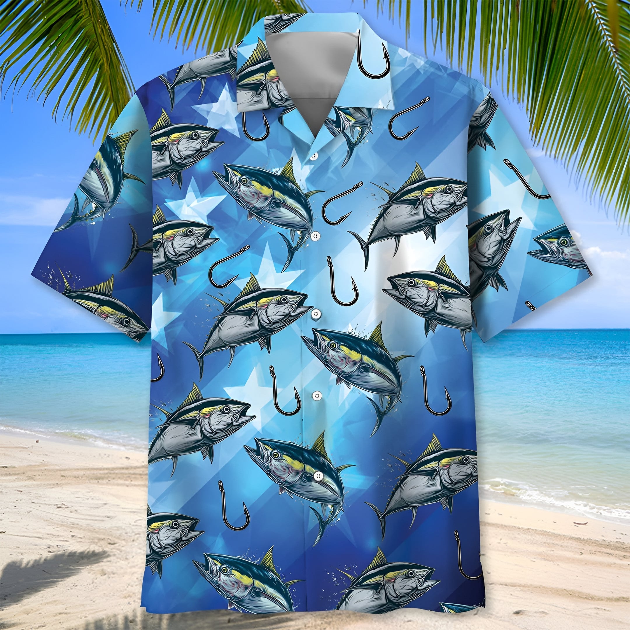 America Tuna Fish Blue Hawaiian Shirt Holiday Clothing Vacation Gifts For Tuna Lovers
