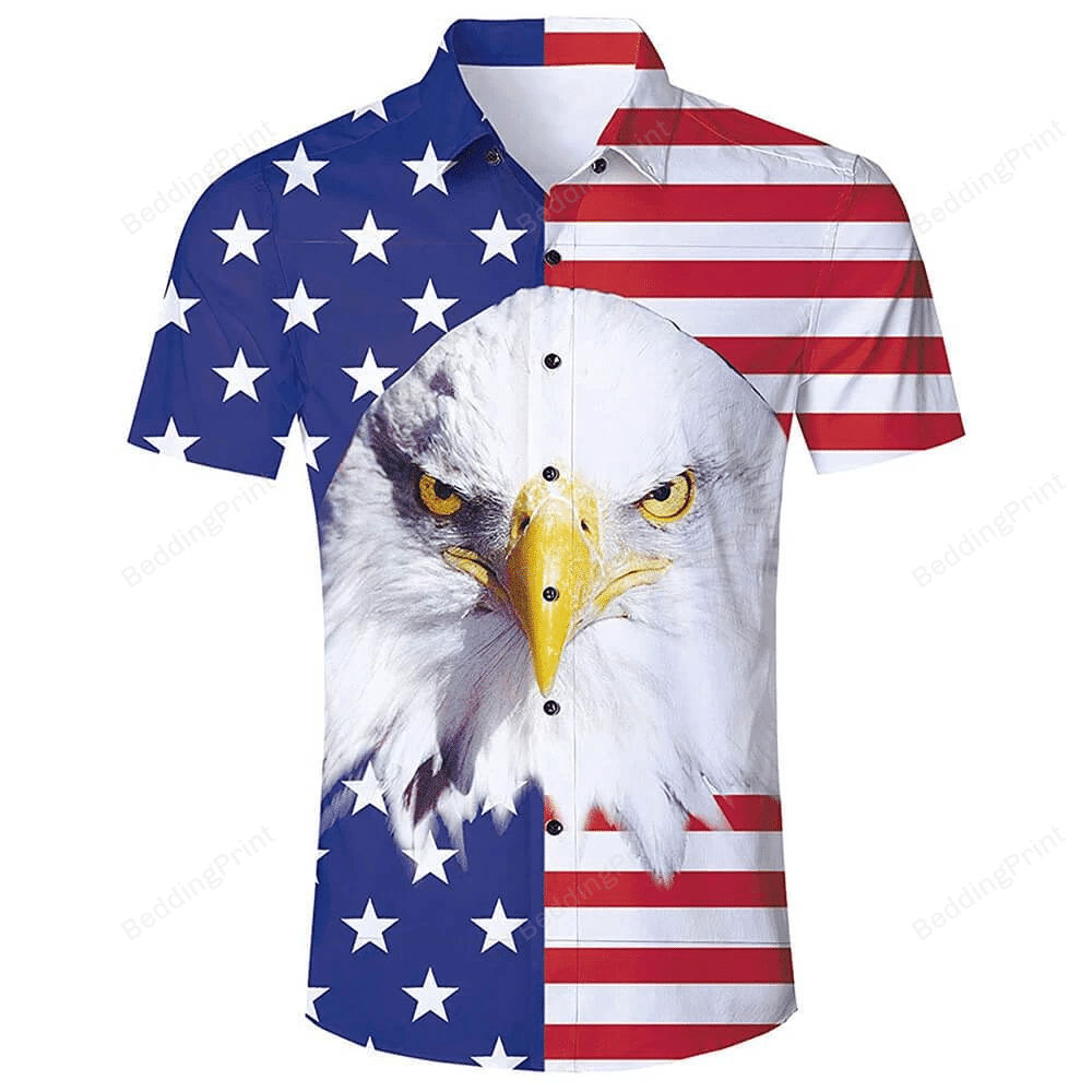 American Flag Bald Eagles Patriots Hawaiian Shirt Tropical Aloha Button Up