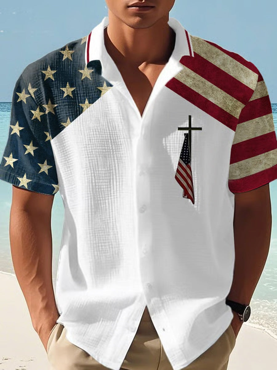 American Flag Cross Hawaiian Shirt Vintage Patriotic Shirt Semiquincentennial Gifts For Him