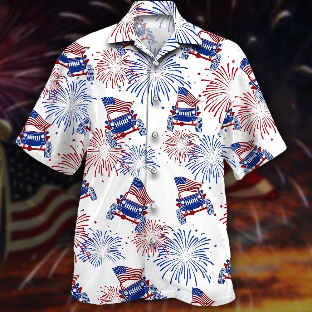 American Flag Fireworks Jeeps Hawaiian Shirt Tropical Aloha Button Up