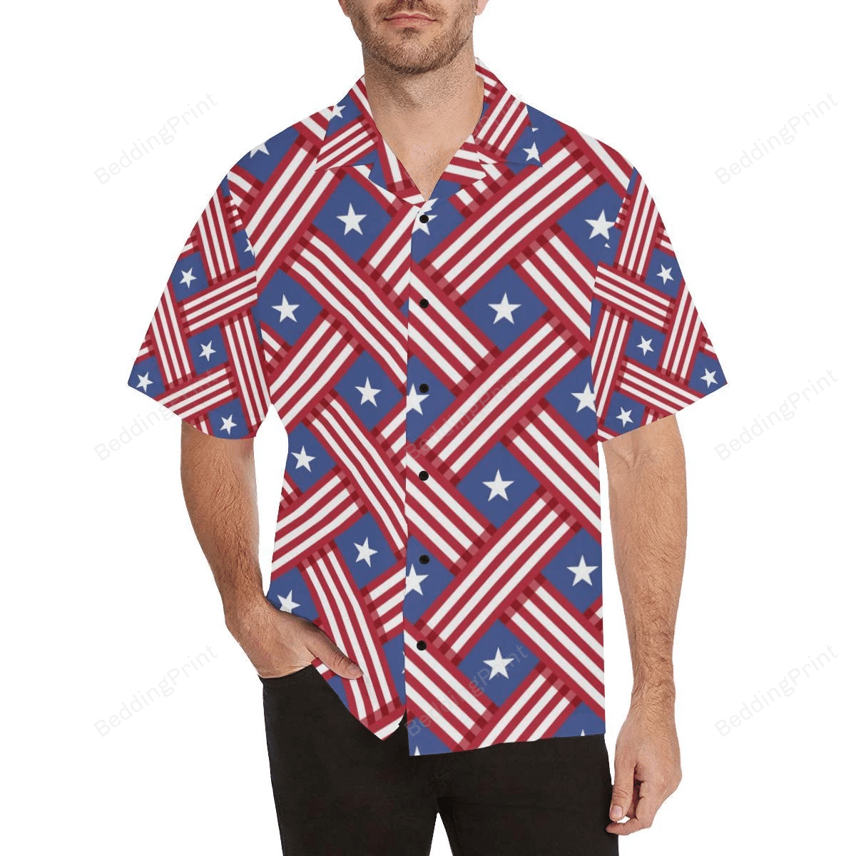 American Flag Print 3 Iconic Colors Hawaiian Shirt Tropical Aloha Button Up