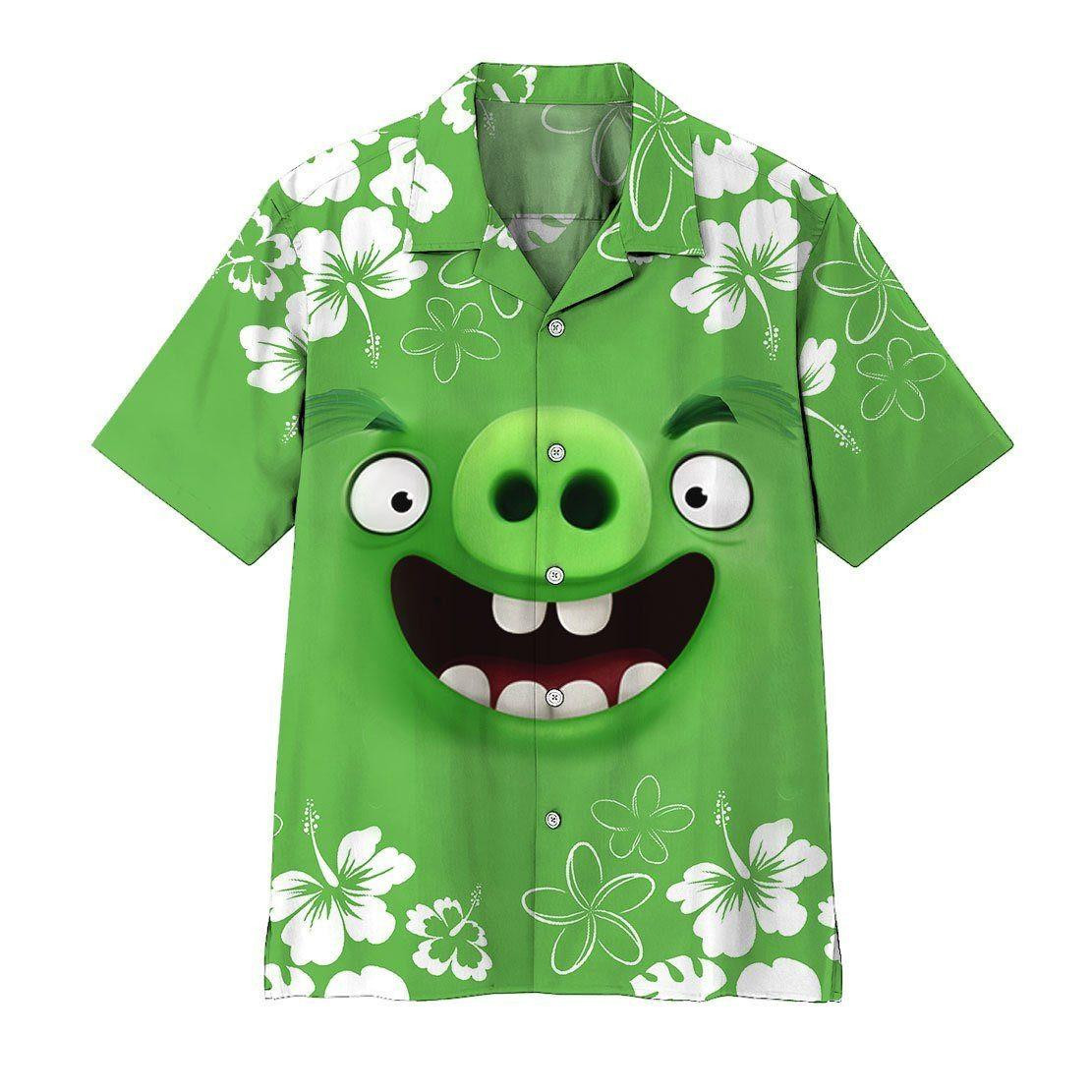 Angry Bird Green Pig Hawaiian Shirt Tropical Aloha Button Up