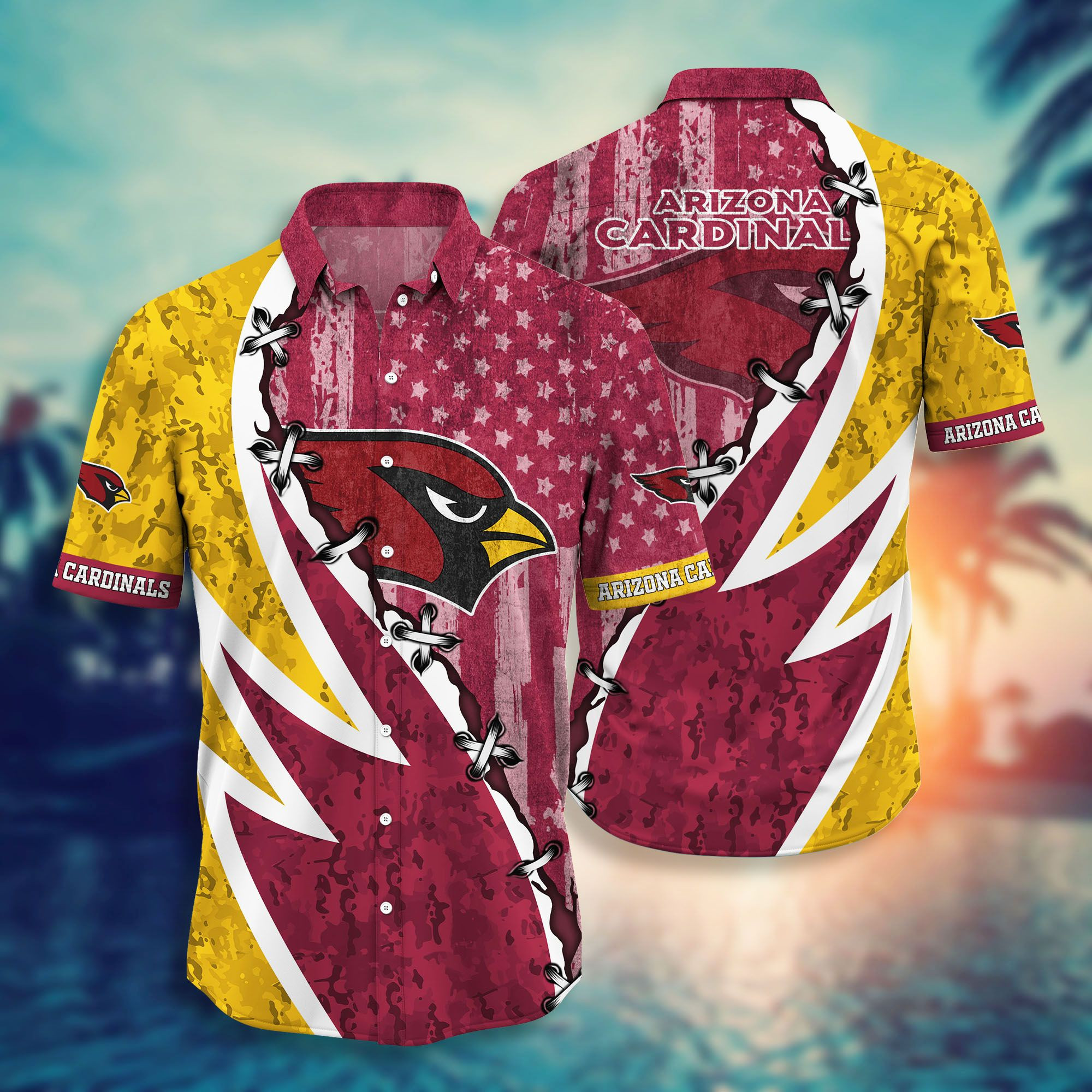 Arizona Cardinals Camo And Flag American Hawaiian Shirt Tropical Aloha Button Up
