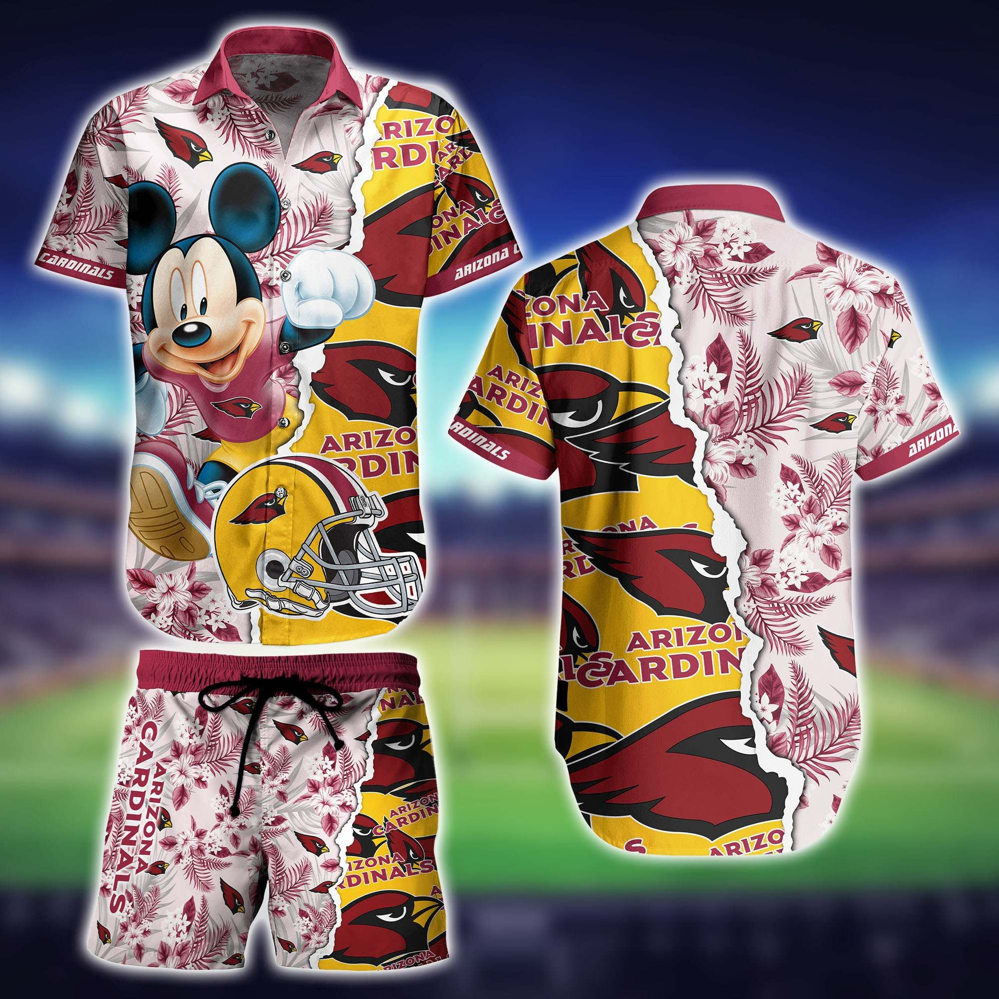 Arizona Cardinals Mickey Mouse And Helmet Hawaiian Shirt Tropical Aloha Button Up