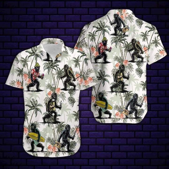 Artistic Bigfoot On Vacation Camping Hawaiian Shirt Tropical Aloha Button Up