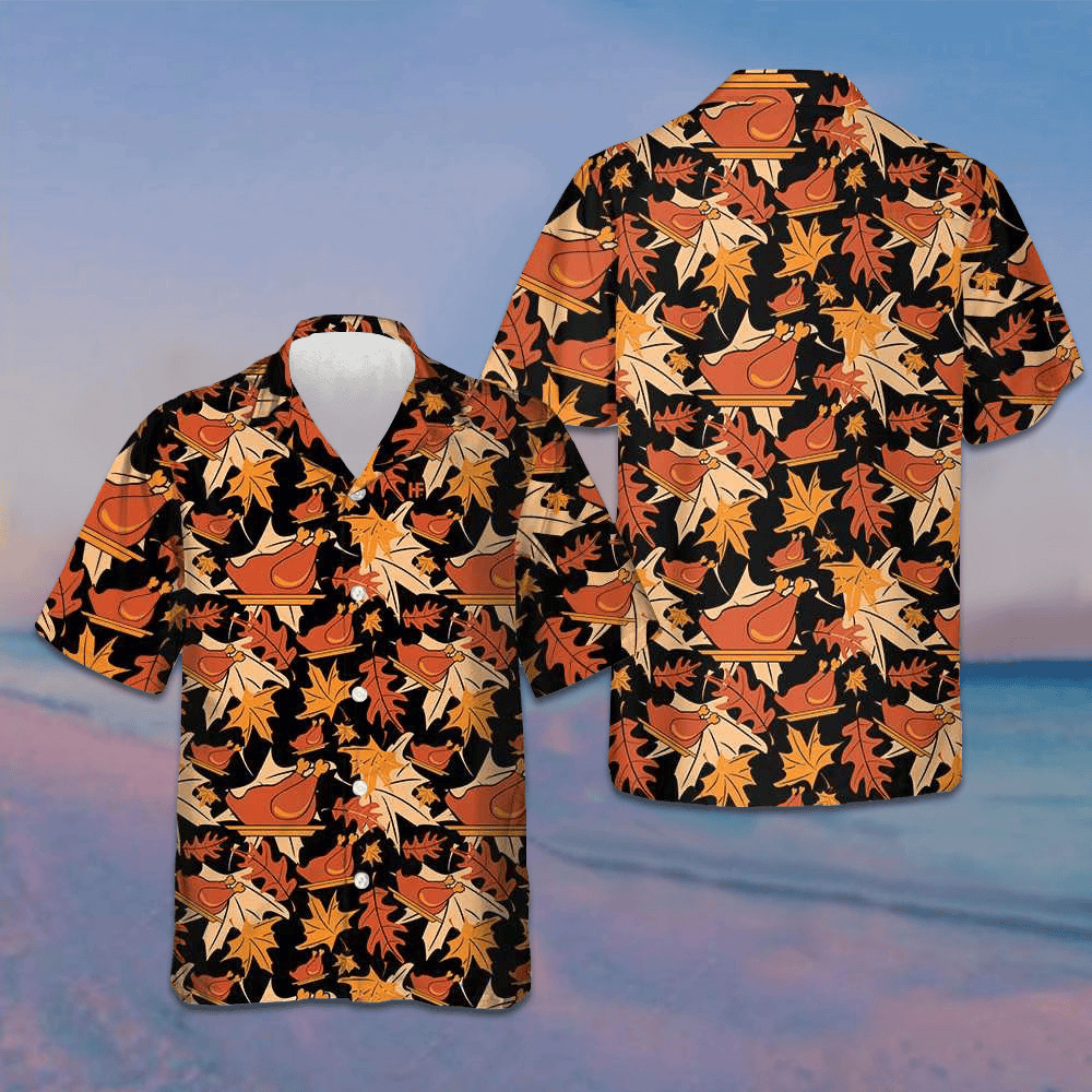 Autumnal Leaves With Turkey Meat Hawaiian Shirt 2024 Thanksgiving Button Up Shirt For Men