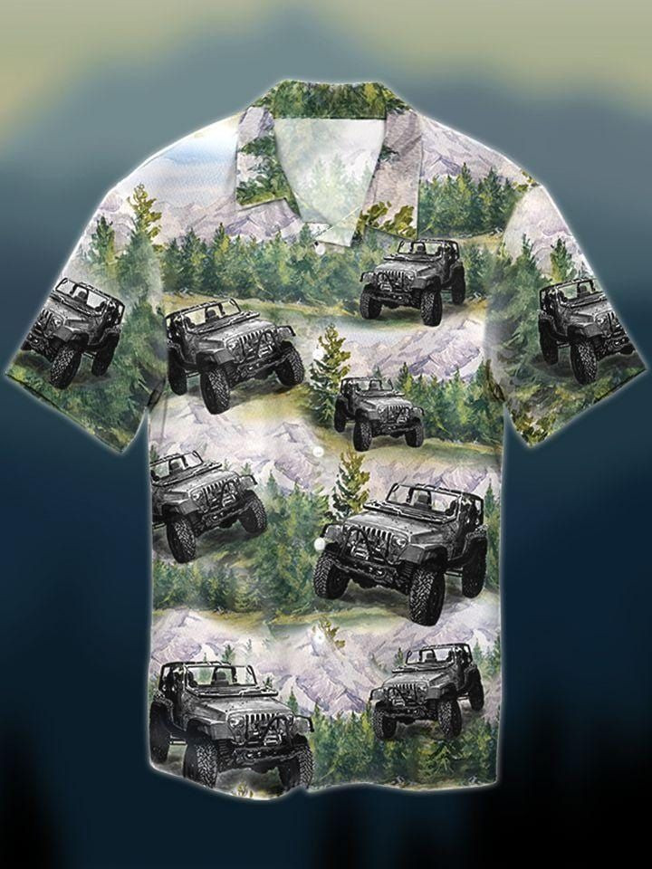 Awesome Jeep In Forest Unisex Hawaiian Shirt Tropical Aloha Button Up