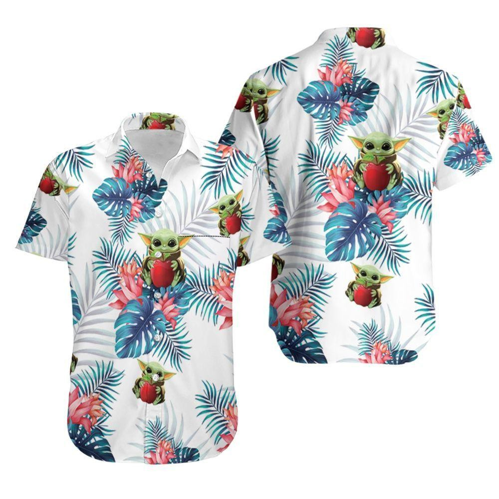 Baby Yoda Hugging Apples Seamless Tropical Blue Leaves On White Hawaiian Shirt Tropical Aloha Button Up