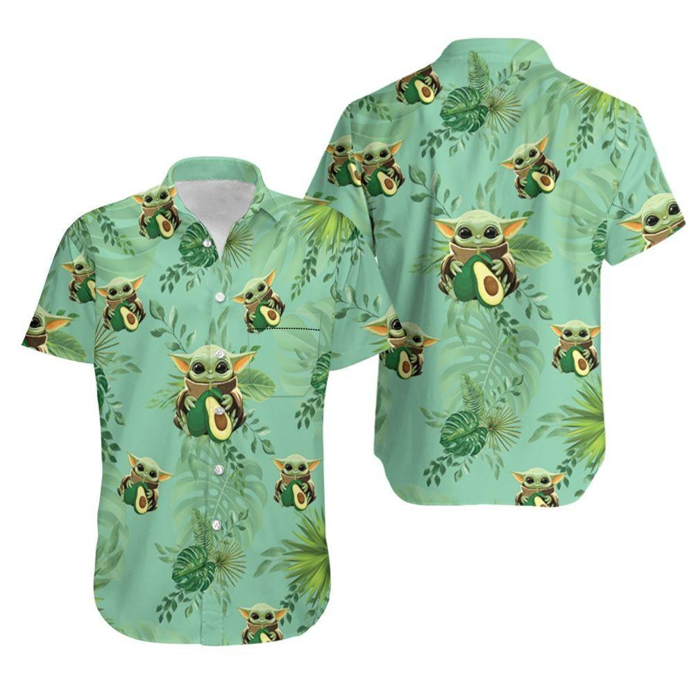 Baby Yoda Hugging Avocadoes Seamless Tropical Green Hawaiian Shirt Tropical Aloha Button Up