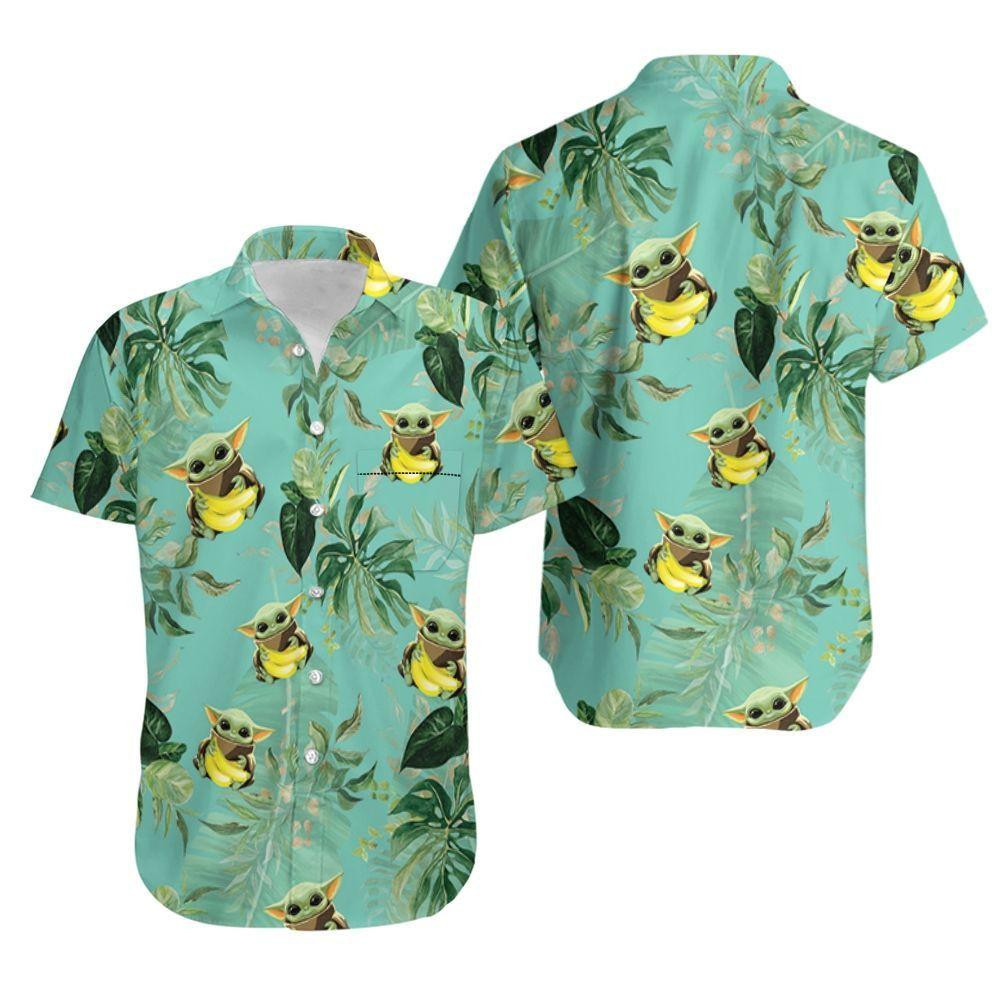 Baby Yoda Hugging Bananas Seamless Tropical Green Leaves Hawaiian Shirt Tropical Aloha Button Up