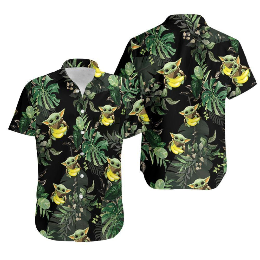 Baby Yoda Hugging Bananas Seamless Tropical Green Leaves Hawaiian Shirt Tropical Aloha Button Up