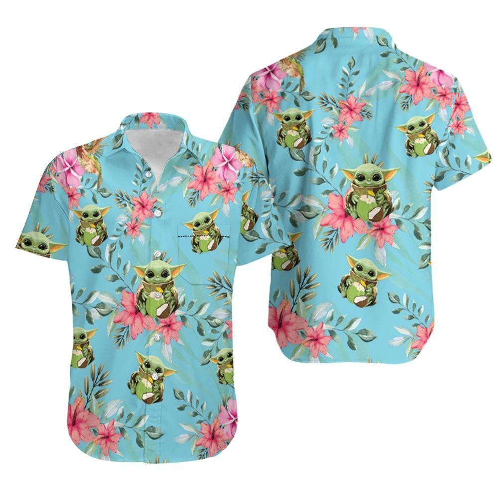 Baby Yoda Hugging Coconuts Seamless Tropical Colorful Flowers Hawaiian Shirt Tropical Aloha Button Up