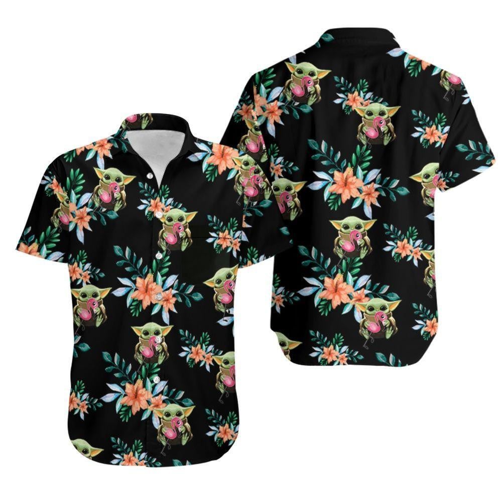 Baby Yoda Hugging Flamingos Seamless Tropical Colorful Flowers Hawaiian Shirt Tropical Aloha Button Up