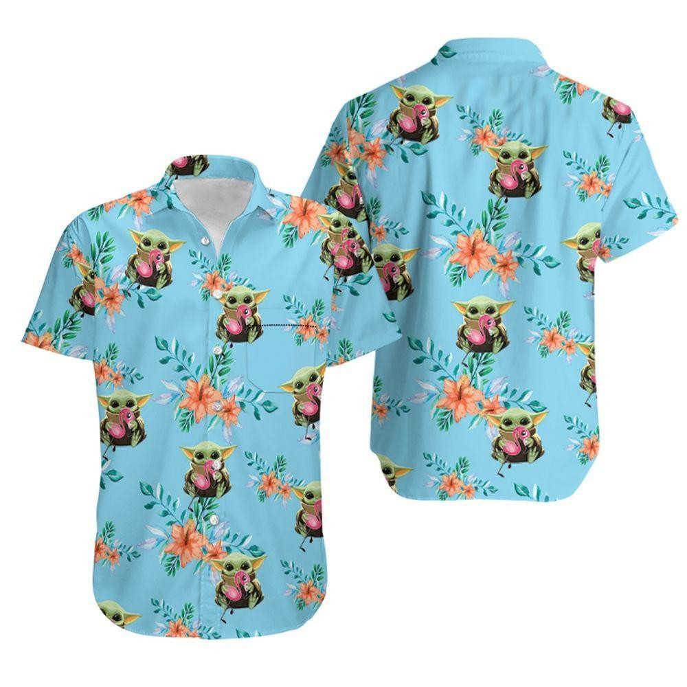 Baby Yoda Hugging Flamingos Seamless Tropical Colorful Flowers Hawaiian Shirt Tropical Aloha Button Up