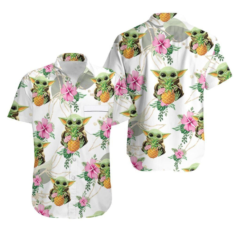 Baby Yoda Hugging Pineapples Seamless Tropical Colorful Flowers Hawaiian Shirt Tropical Aloha Button Up