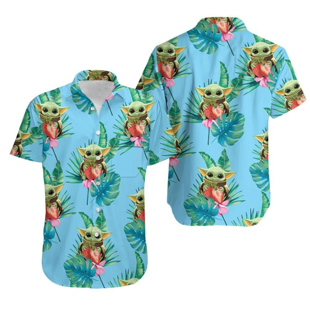 Baby Yoda Hugging Strawberries Seamless Tropical Green Leaves Hawaiian Shirt Tropical Aloha Button Up