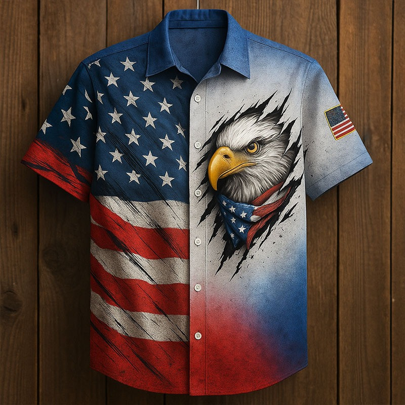 Bald Eagle Button Up Short Sleeve Hawaiian Shirt Patriotic American Flag Clothing