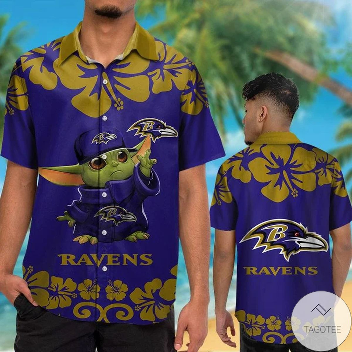 Baltimore Ravens Baby Yoda Hawaiian Shirt Tropical Aloha Button Up