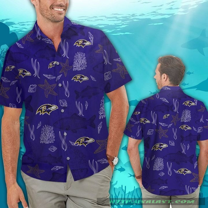 Baltimore Ravens Ocean Fishes Hawaiian Shirt Tropical Aloha Button Up