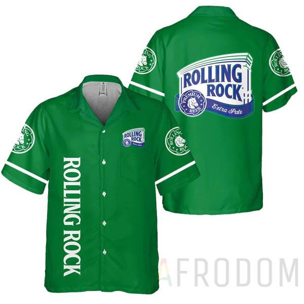Basic Printed Rolling Rock Beer Hawaiian Shirt Tropical Aloha Button Up