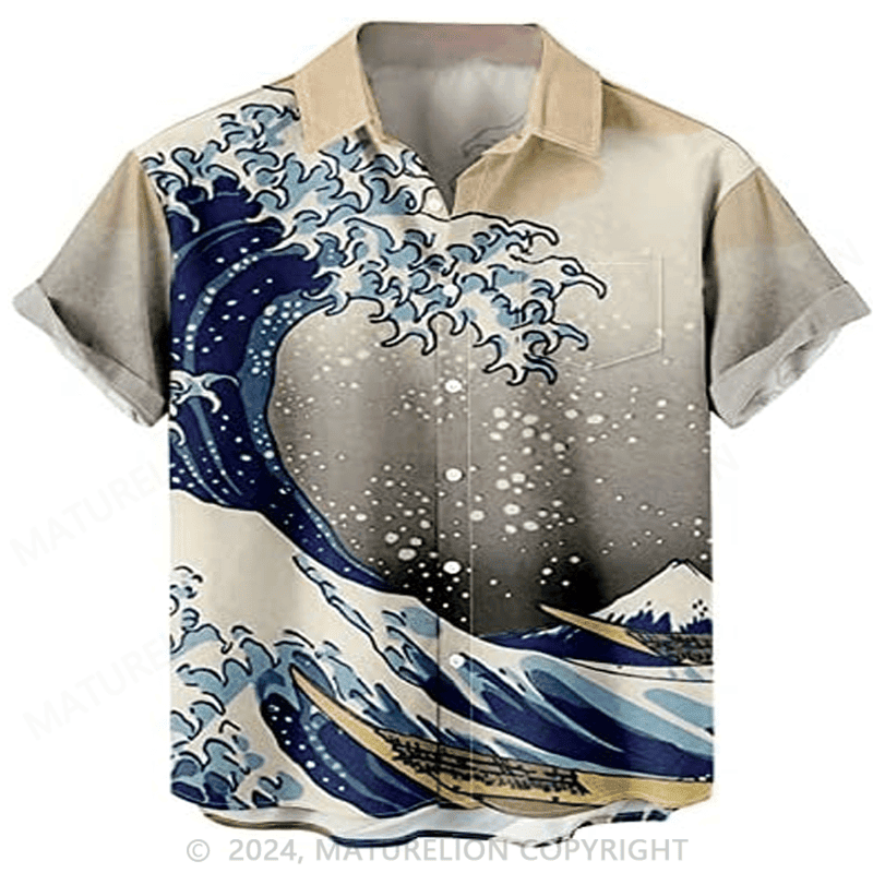 Beach Wind Harajuku Anime Wave Pattern Hawaiian Shirt Sarcastic Graphic Tee for Men Funny Quo