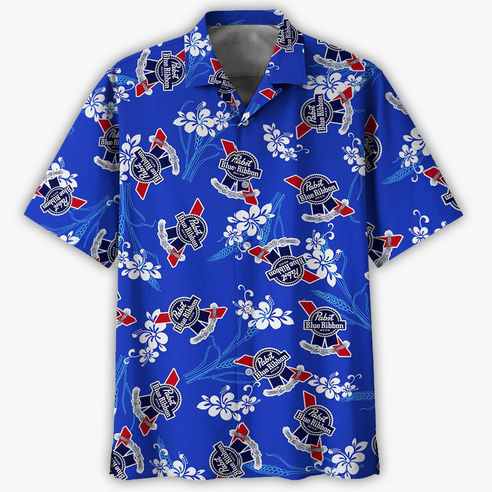 Beer Pabst Blue Ribbon Hawaiian Sleeve Shirts Hawaiian Shirt Tropical Aloha Button Up