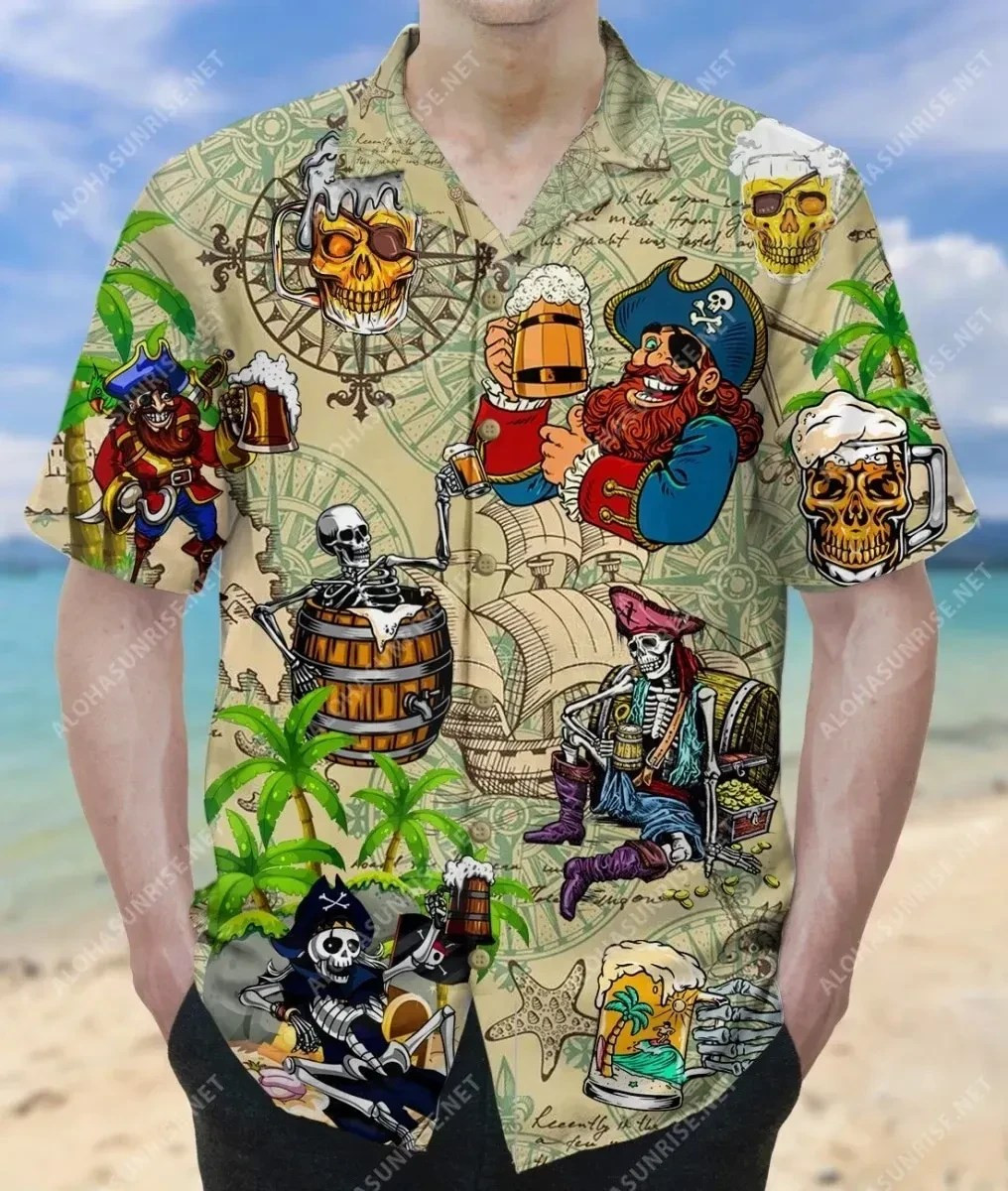 Beer Pirate Unisex Hawaiian Shirt Tropical Aloha Button Up