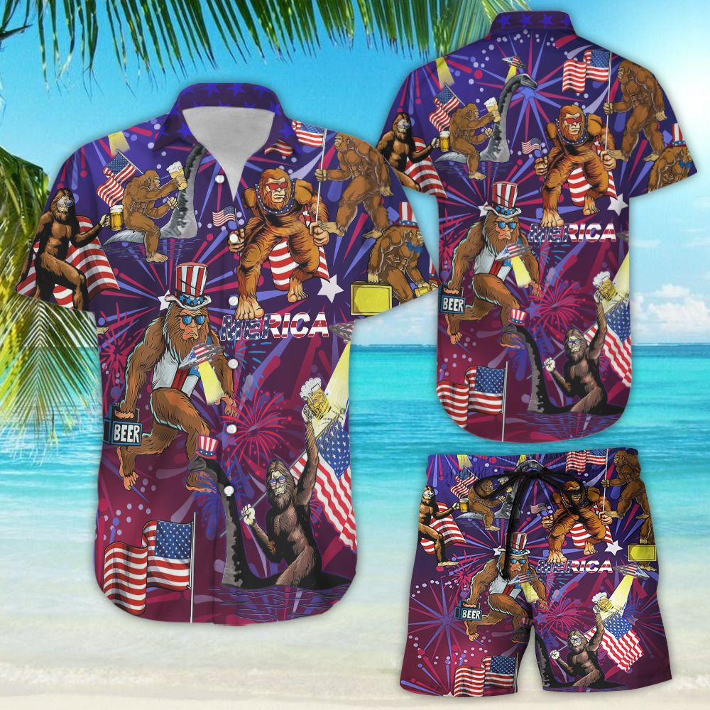 Bigfoot 4th Of July Shirts Flag Patriotic Usa Unisex Hawaiian Shirt Tropical Aloha Button Up