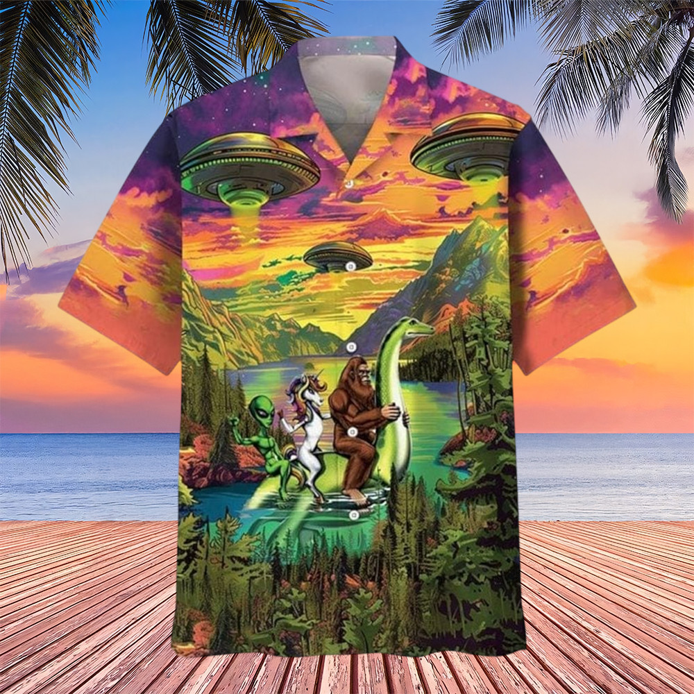 Bigfoot Alien Riding Nessie Hawaiian Shirt Sci Fi Vibe Clothing Bigfoot Gifts Items To Buy
