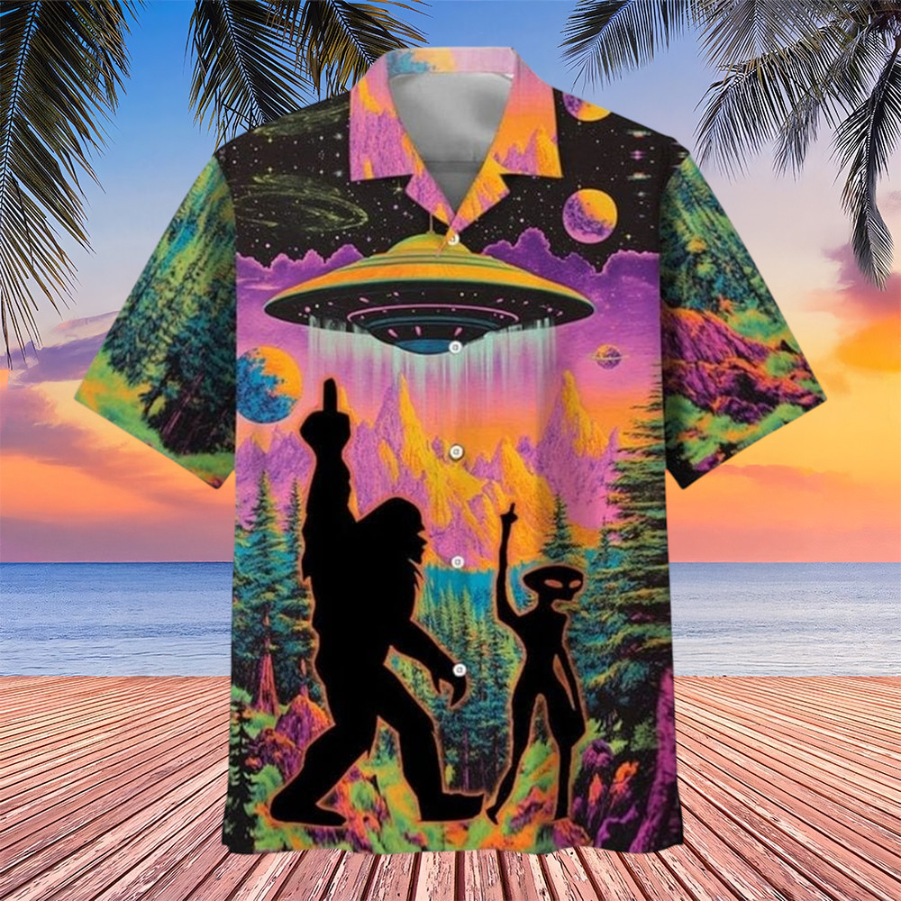Bigfoot Alien Spaceship Hawaiian Shirt Spacecraft Alien Apparel Unique Sasquatch Gifts